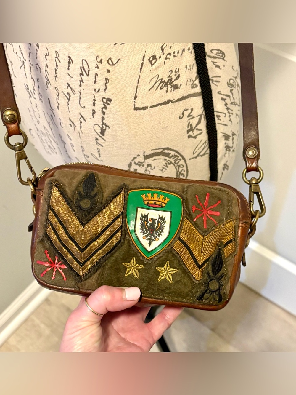 Vintage Campomaggi Teodorano Military Patch Leather Canvas Crossbody Italy
